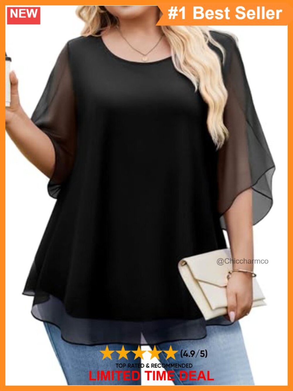Plus Size 3/4 Ruffle Sleeve Double Layer Mesh Chiffon Blouse